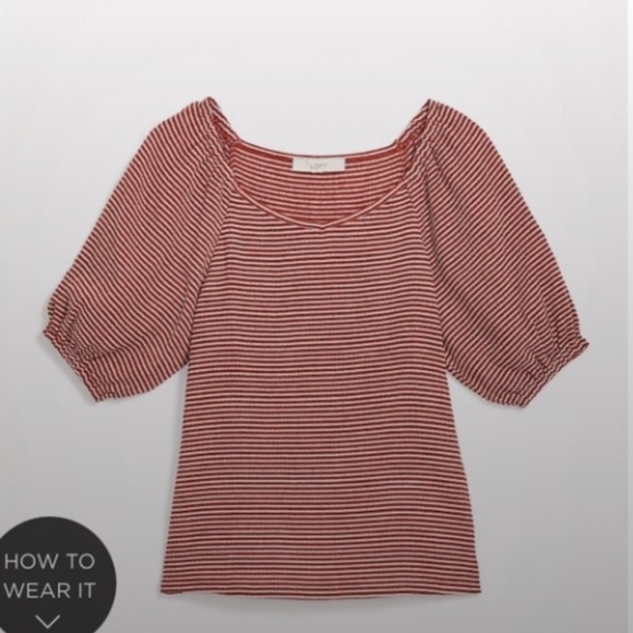 LOFT NWT Striped Puff Sleeve V-Neck Top - Picture 2 of 2